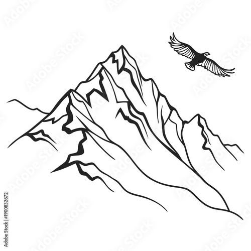A majestic bird soaring over a rugged mountain peak in a black and white illustration.