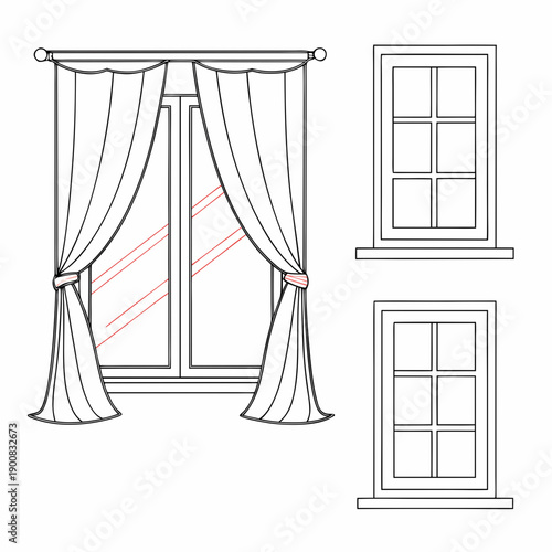 A drawing of a window with curtains and two plain windows on the side