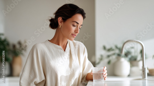 Woman holding glass of filtered water, healthy hydration routine. Female drinking pure water, wellness lifestyle, home kitchen, water balance, selfcare, refreshment, morning ritual.