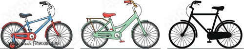 Set of Bicycle Vector Icons Featuring Kids Bike with Training Wheels, City Cruiser, and Black Silhouette for Healthy Lifestyle, Urban Transport, and Outdoor Activity Designs