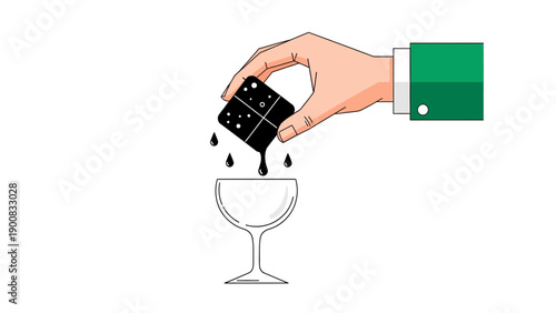 Hand Holding Melting Ice Cube Dropping Liquid into Cocktail Glass. Vector Illustration of Barman Preparing a Beverage.