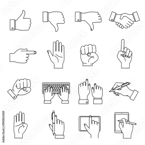 Set of Hand Gestures and Icons: Thumbs Up, Down, Pointing, Shaking Hands, Typing, Writing