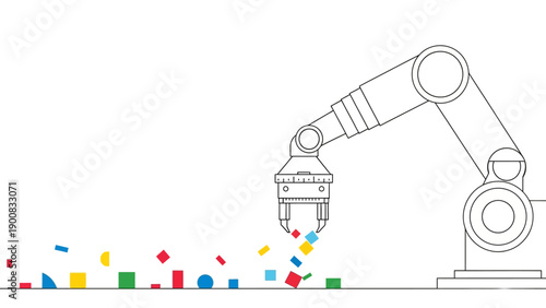 Automation Concept: Robotic Arm Sorting Colorful Geometric Data Blocks. Minimalist Line Art Vector Illustration.