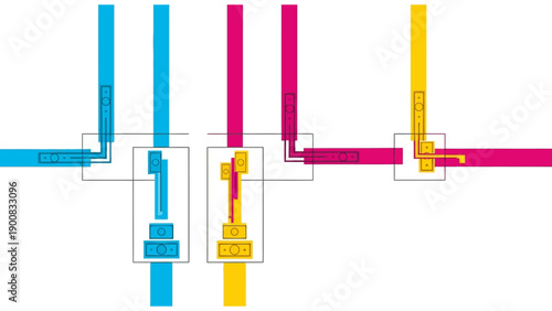 CMYK Printing Process Flow Diagram. Abstract Technical Illustration of Color Separation and Registration Marks in Cyan, Magenta, and Yellow.