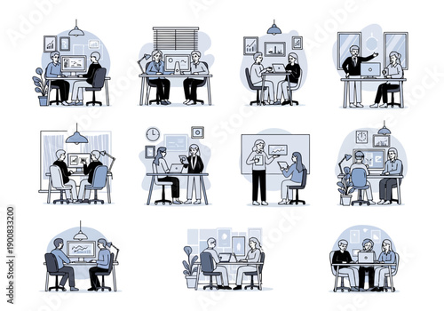 Various office workers in different settings at their desks and interacting with colleagues