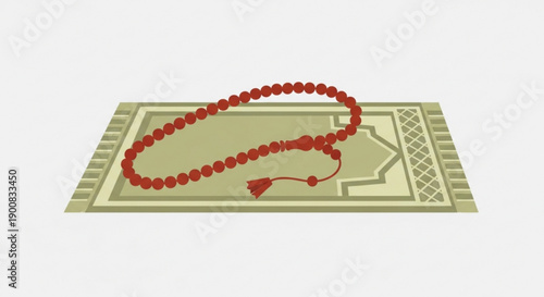 Red Prayer Beads on Islamic Prayer Mat, Close-up, Isolated on White Background