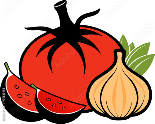 tomato vector illustration with garlic cloves and onion pieces. silhouette vector black , white background 