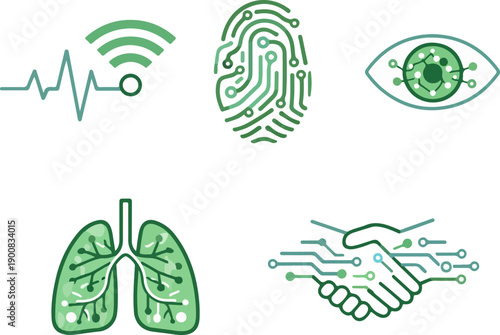Modern health technology symbols including lungs and biometric data