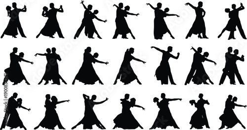 Ballroom dance couple silhouettes collection, elegant partners performing tango waltz poses, romantic choreography movement concept, classic dance training illustration, isolated black vector style