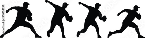 Baseball pitcher silhouette illustration set, professional athletes throwing fast pitches and running motions, dynamic team sport action poses isolated on white background vector