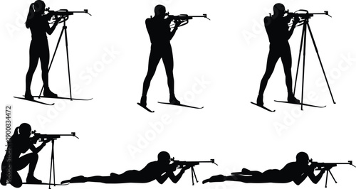 Biathlon athlete shooting silhouettes illustration, winter sports competitors aiming rifles on skis, dynamic training and competition poses isolated on white background vector