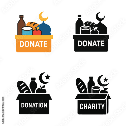 Ramadan iftar food donate vector icon set silhouette