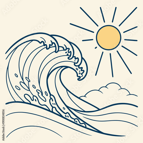 A powerful wave crashing under a bright, sunny sky with a radiant sun.