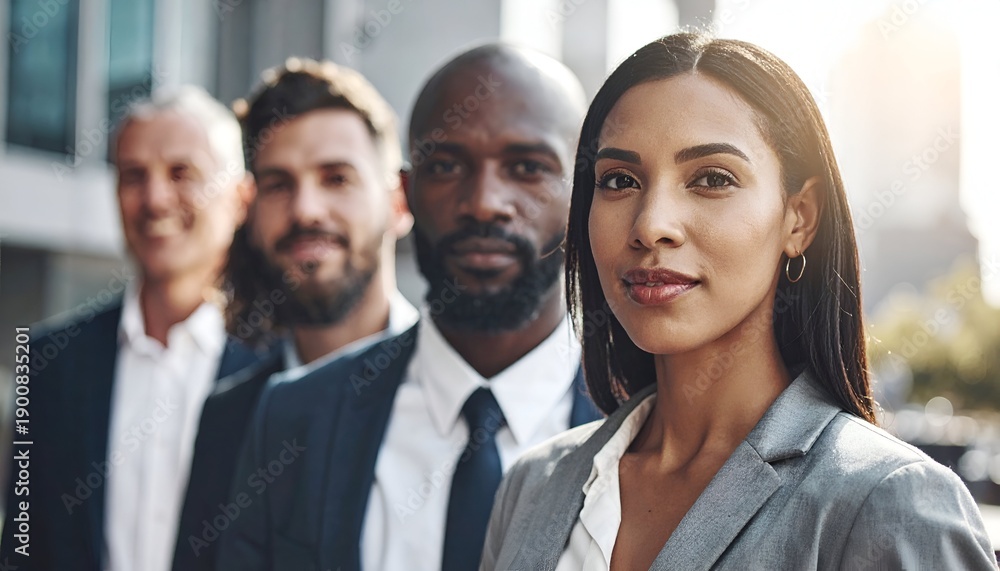 Fototapeta premium A diverse group of professionals standing confidently in a sunlit urban setting, embodying teamwork and strength