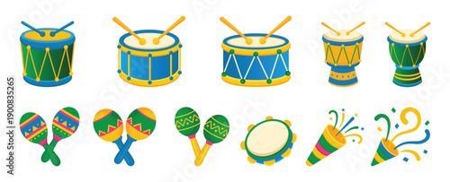 Colorful Brazilian carnival percussion instruments set inspired by Rio Carnival music and festival celebrations.