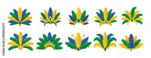 Colorful Brazilian carnival feather headdresses inspired by Rio Carnival costumes and festive celebrations.