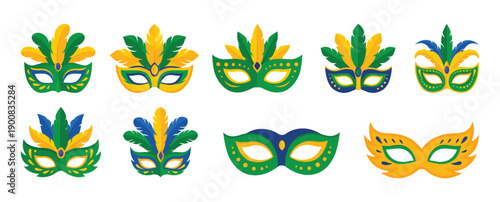 Bright festive carnival masks with green, yellow, and blue feather designs for celebrations and costume events.