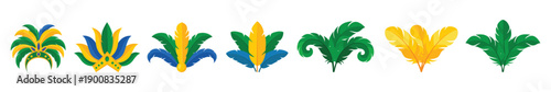 Colorful Brazilian carnival feather elements inspired by Rio Carnival costumes and festival decorations.