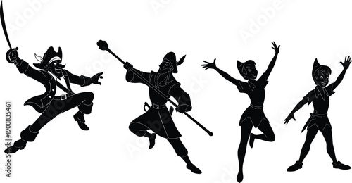 Fantasy adventure character silhouettes illustration set, playful heroes and pirates in dynamic action poses, cartoon style storytelling figures isolated on white background vector