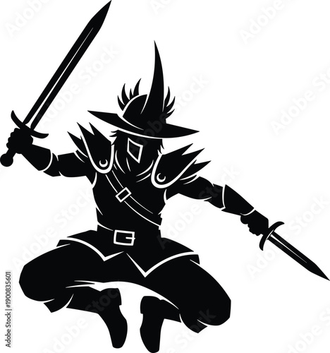 Fantasy warrior silhouette illustration, medieval rogue assassin character jumping with swords, dark adventure role playing game concept, isolated black white vector art