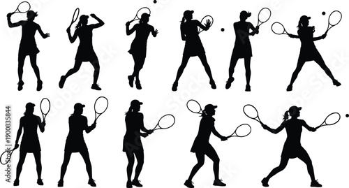 Female tennis player silhouettes set, professional women athletes performing forehand backhand serves, dynamic sports action poses isolated on white background vector