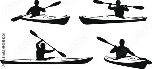 Kayaking silhouette illustration set, male paddlers performing canoe strokes with double bladed paddles, outdoor water sport action poses isolated on white background vector