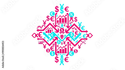 Global Forex Market Dynamics Vector. Abstract Currency Exchange Volatility Pattern with Arrows, Bar Charts, Candlesticks, Dollar, Euro, and Yen Symbols.