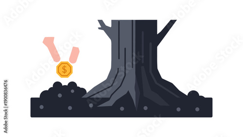 Financial Investment Growth Concept: Hand Planting Dollar Coin into Soil Next to Tree Trunk. Sustainable Wealth Management Vector Illustration.
