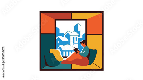 Cozy Winter Reading. Stylized Vector Illustration of a Person Relaxing Indoors with a Book by the Window, Watching the Snowy Cityscape.