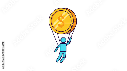 Dollar Coin Balloon Lifting Figure: Financial Success, Economic Growth, and Investment Return Concept Vector Icon