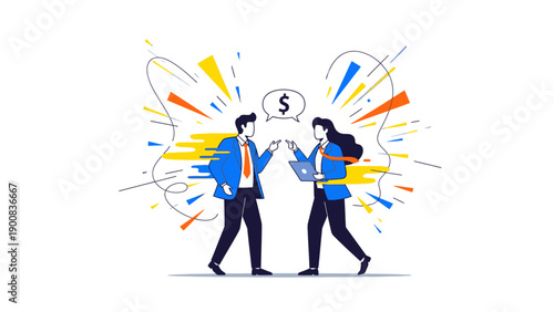 Business Negotiation and Financial Deal Concept. Professionals Discussing Money, Investment, and Strategy. Dynamic Flat Vector Illustration.