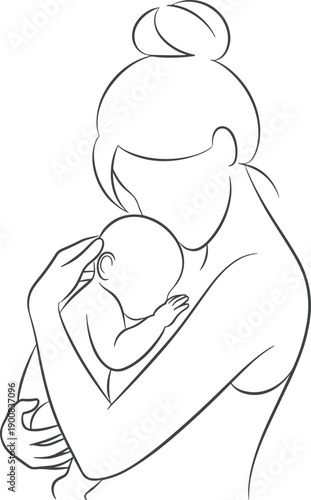 Mother holding newborn baby illustration, minimalist line art of maternal love and bonding, tender motherhood concept isolated on white background vector