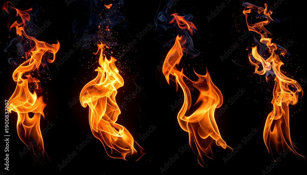 Fototapeta premium A captivating display of vibrant fire flames in various shapes, showcasing dynamic movement and energy