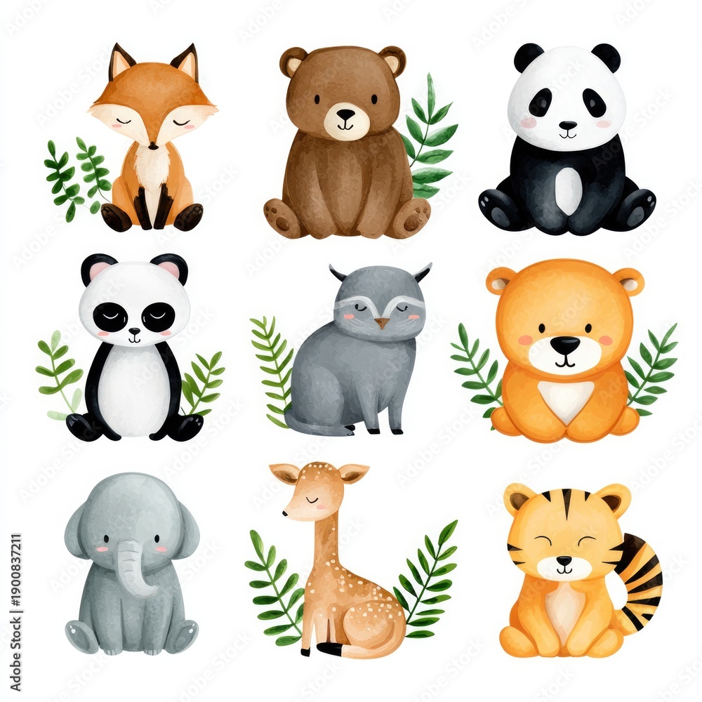 Fototapeta premium Adorable cartoon animal collection featuring panda, fox, elephant, tiger, and more