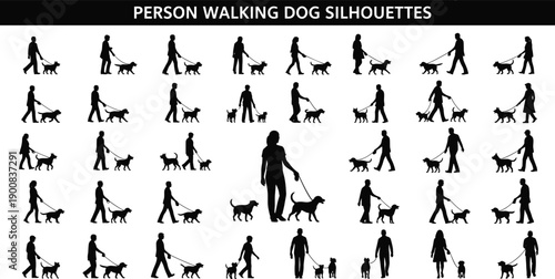 Person walking dog silhouette illustration set, men women and children strolling pets on leash, everyday outdoor lifestyle activity poses isolated on white background vector