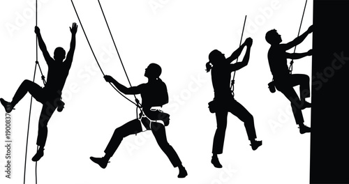 Rock climbing rope access silhouette illustration, male and female climbers ascending walls with safety harnesses, industrial and outdoor adventure training poses vector