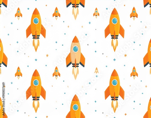 Seamless Pattern with Ascending Rockets Against a White Background