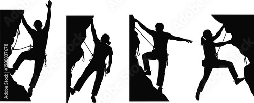 Rock climbing silhouette illustration set, male and female climbers ascending cliffs with ropes, extreme outdoor adventure sport action poses isolated vector