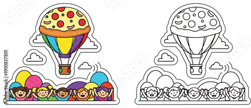 Youngsters applauding beneath a hot air balloon carrying pizza a cute cartoon vector illustration a fantasy food transport concept a scene of youngsters celebrating