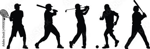 Sports players silhouettes collection, athletes performing tennis baseball golf soccer actions, active lifestyle competition concept, isolated black white vector illustration