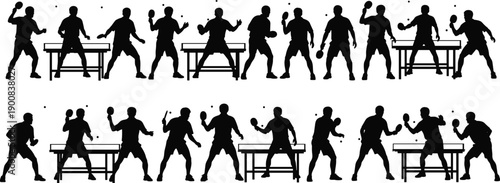 Table tennis player silhouettes illustration set, men athletes playing ping pong matches with paddles, dynamic indoor sport action poses isolated on white background vector