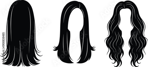 Women hair silhouette illustration set, long straight and wavy female hairstyles collection, beauty fashion design elements isolated on white background vector