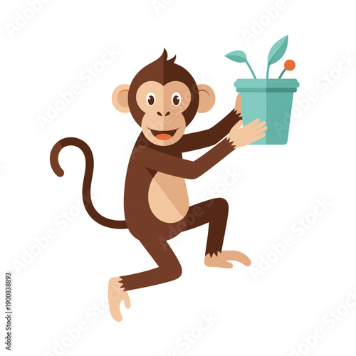 A cheerful monkey playfully tends to a potted plant with vibrant green leaves and a bright orange fruit silhouette high quality professional