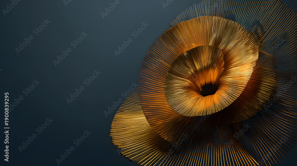 Obraz premium Unconventional 3d abstract art dynamic golden flower design on dark background close-up view
