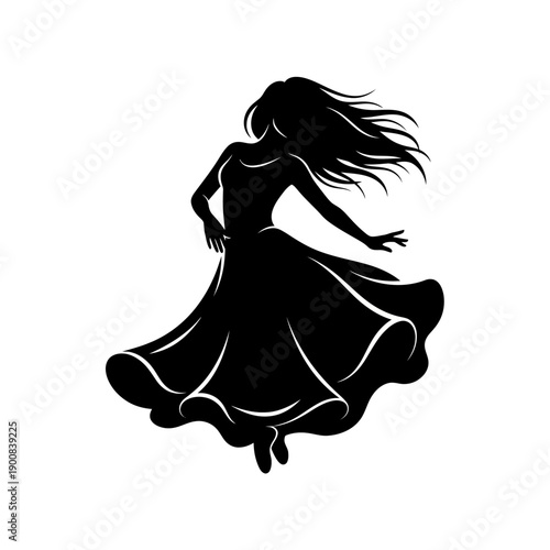A dynamic flowing silhouette of a woman in a full skirt captured mid movement and dance silhouette high quality professional detailed modern elegant