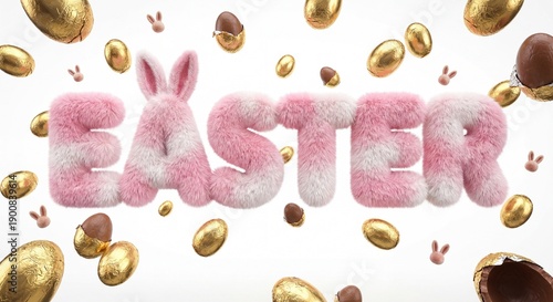 Pink and white furry 3D Easter text with luxury gold foil chocolate eggs floating around on a clean white background