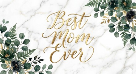 Luxury Mother's Day greeting card with elegant gold calligraphy on white marble background decorated with dark green foliage