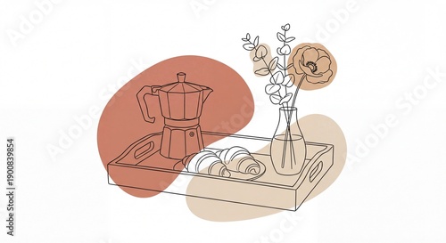Minimalist line art illustration of a breakfast tray with coffee pot, croissants, and vase on abstract organic shapes