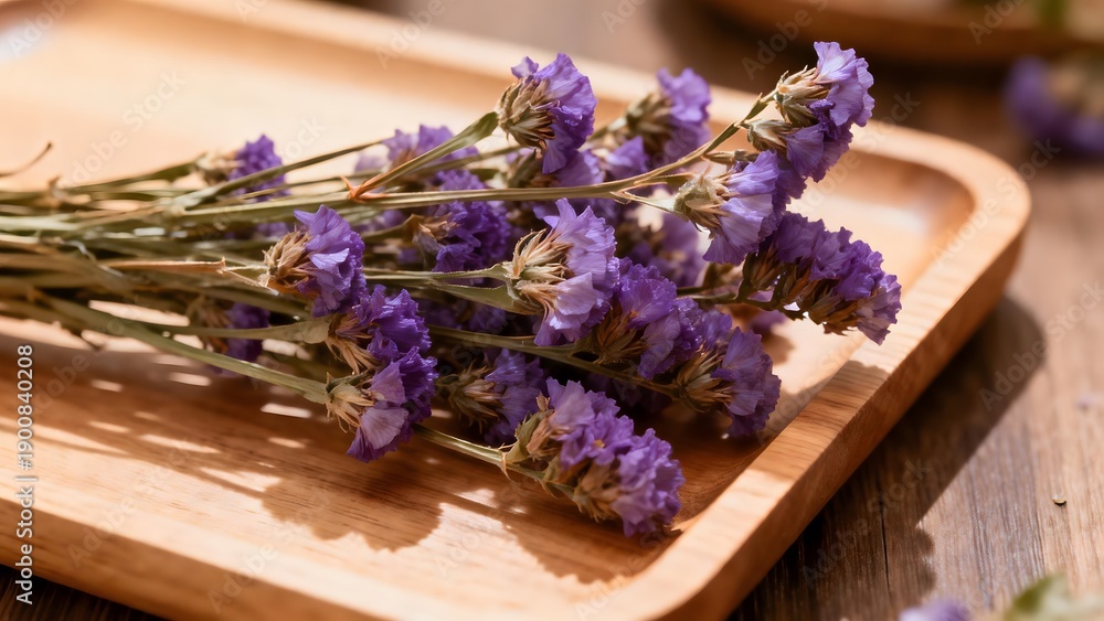 Fototapeta premium DriedPurpleFlowersWoodenTray
