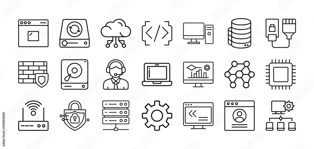 Fototapeta premium Outline Information Technology Icon Set in Line Art Style for Computers, Networking, Data Management, Cloud Services, and Digital Interface Design